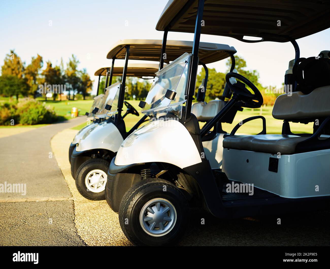 Its a good day for a game of golf. Shot of three golf carts standing side by side next to a golf course. Stock Photo