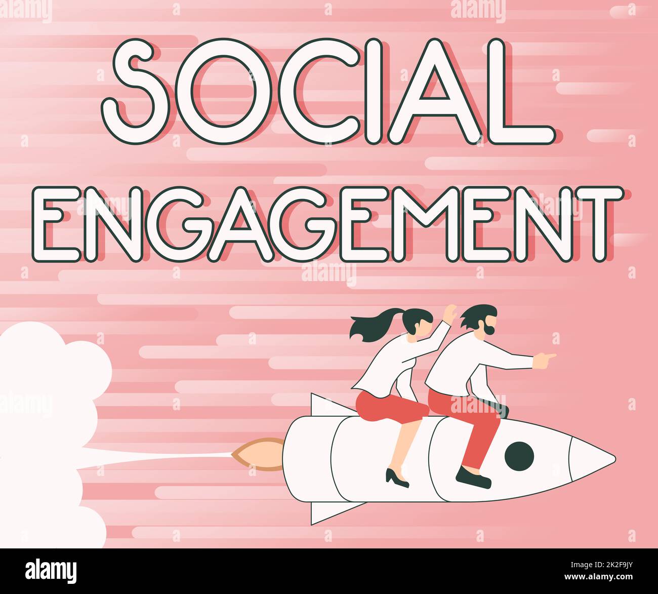 Conceptual caption Social Engagement. Internet Concept Degree of engagement in an online community or society Illustration Of Happy Partners Riding On Rocket Ship Exploring World. Stock Photo