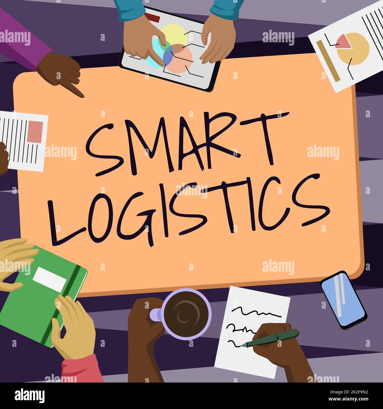 Conceptual caption Smart Logistics. Business approach integration of intelligent technology in logistics system Colleagues Office Meeting Having Coffee Discussing Future Projects Charts. Stock Photo