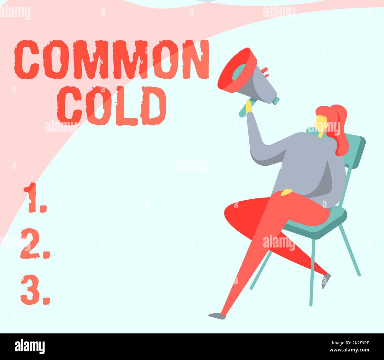Text showing inspiration Common Cold. Word for viral infection in upper respiratory tract primarily affecting nose Woman Drawing Holding Megaphone Sitting On A Chair Crossed Legs. Stock Photo