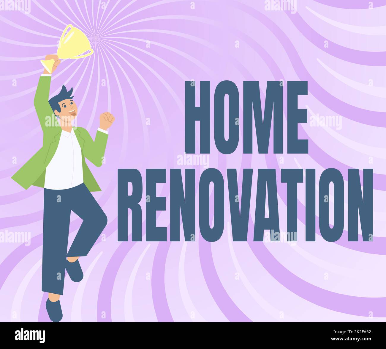 Conceptual caption Home Renovation. Business concept process of renovating or making additions to one s is home Gentleman Jumping Excitedly Holding Trophy Showing Accomplishments. Stock Photo