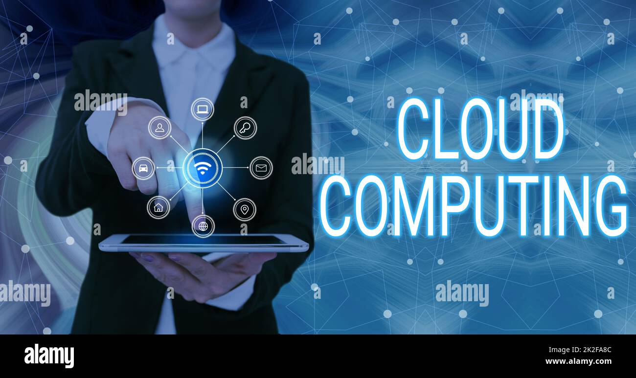Sign displaying Cloud Computing. Business idea use a network of remote servers hosted on the Internet Lady Pressing Screen Of Mobile Phone Showing The Futuristic Technology Stock Photo