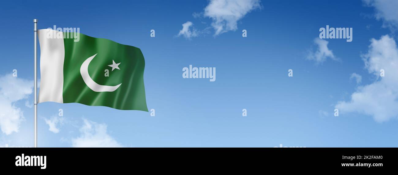 Pakistani flag isolated on a blue sky. Horizontal banner Stock Photo