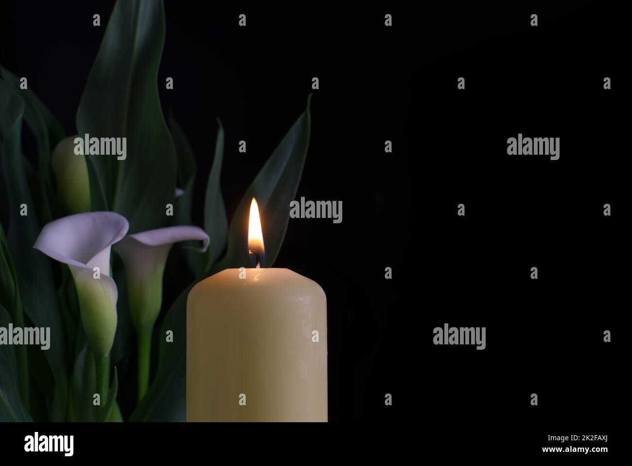 Candle burning flame in the darkness and arum lilies Stock Photo