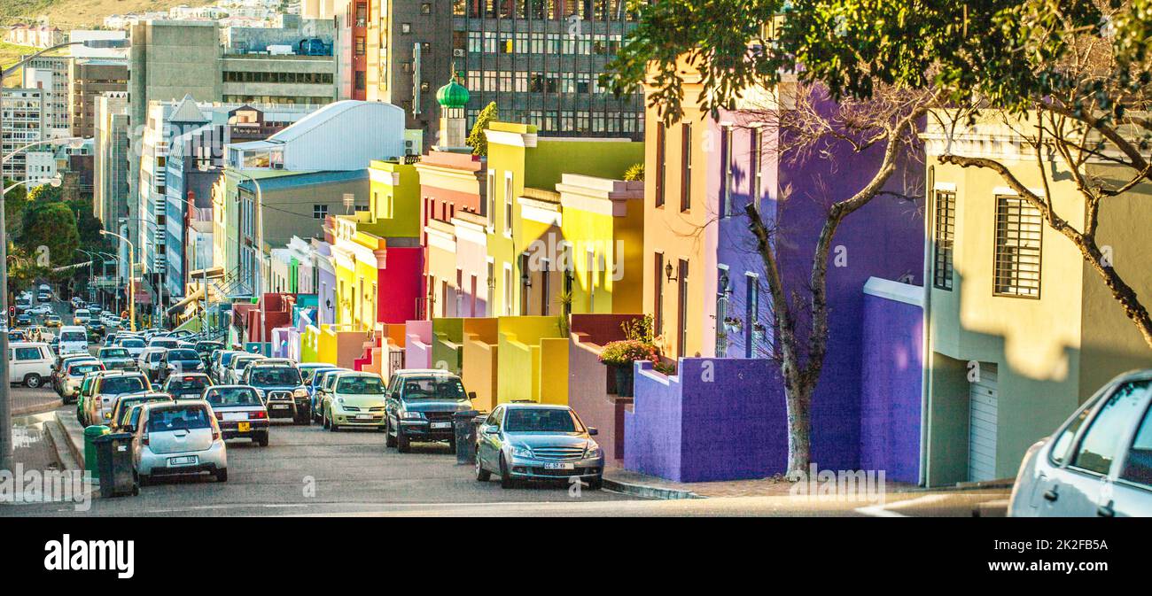 This citys characterful district. Shot of the colorful homes of the Bo Kaap, Cape Town. Stock Photo