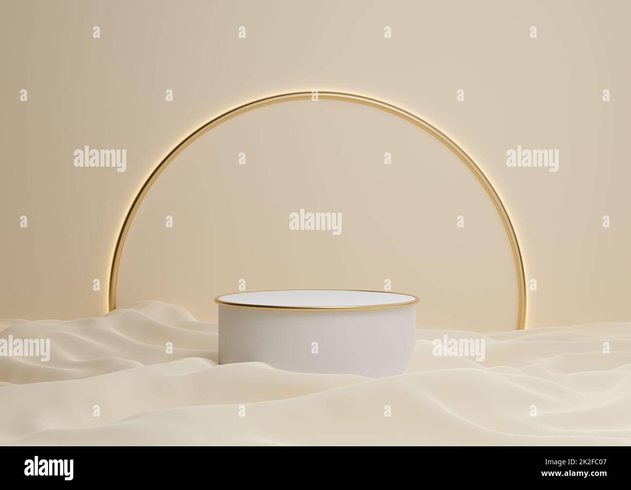 Light beige, pastel orange 3D rendering luxurious product display podium or stand minimal composition with golden arch line in background and light Stock Photo