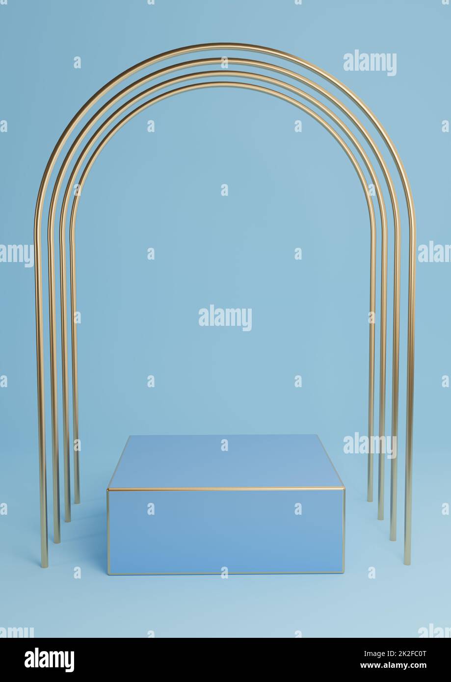 Bright, light sky blue 3D rendering minimal product display cube podium or stand with luxury gold arches and golden lines. Simple background abstract composition. Stock Photo