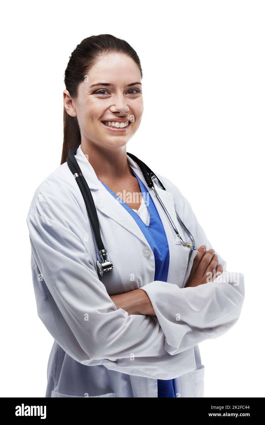 Shes reputable and reliable. Studio portrait of a beautiful young doctor standing with her arms crossed against a white background. Stock Photo