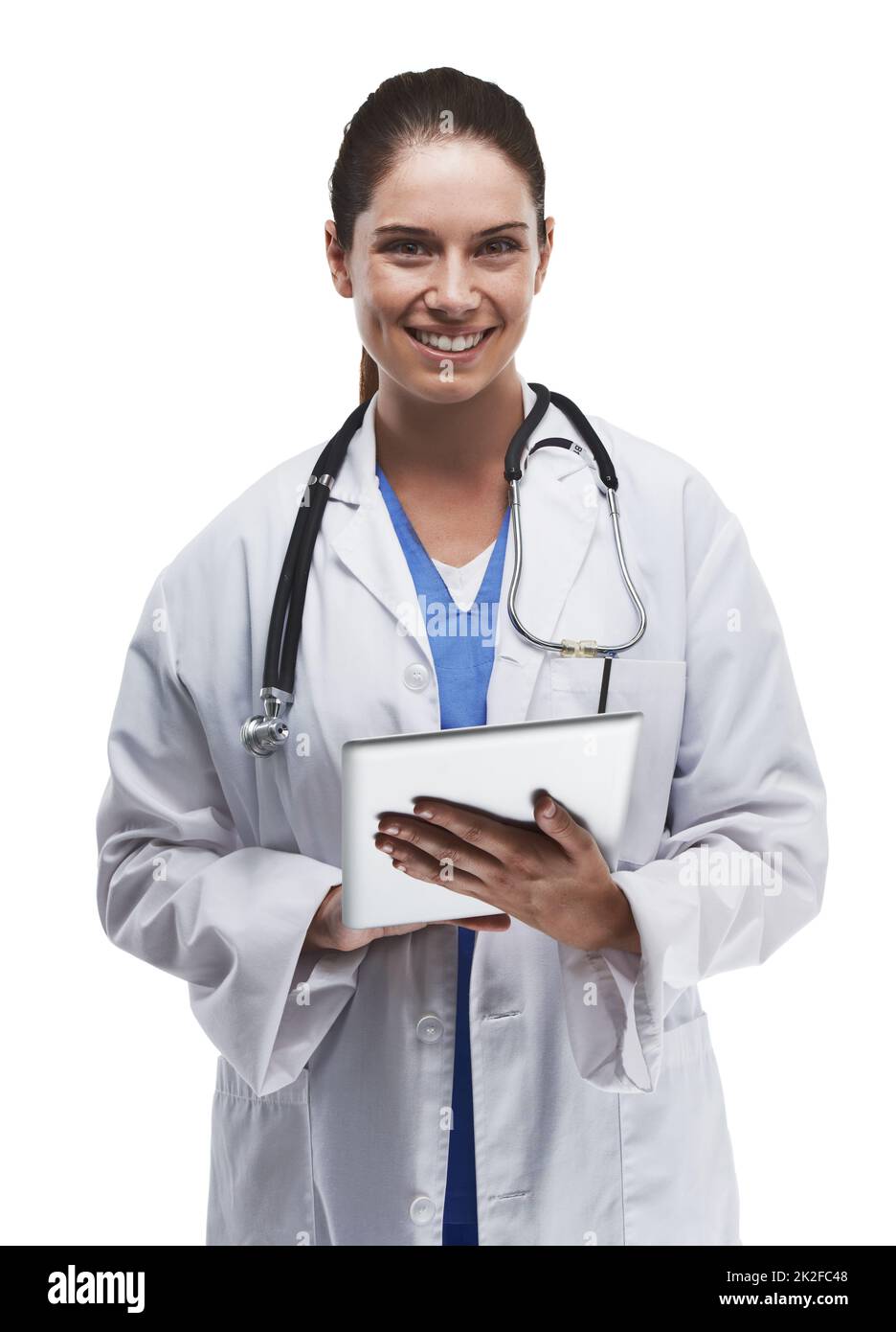 Good health is in her hands. Studio shot of a beautiful young doctor using a digital tablet against a white background. Stock Photo