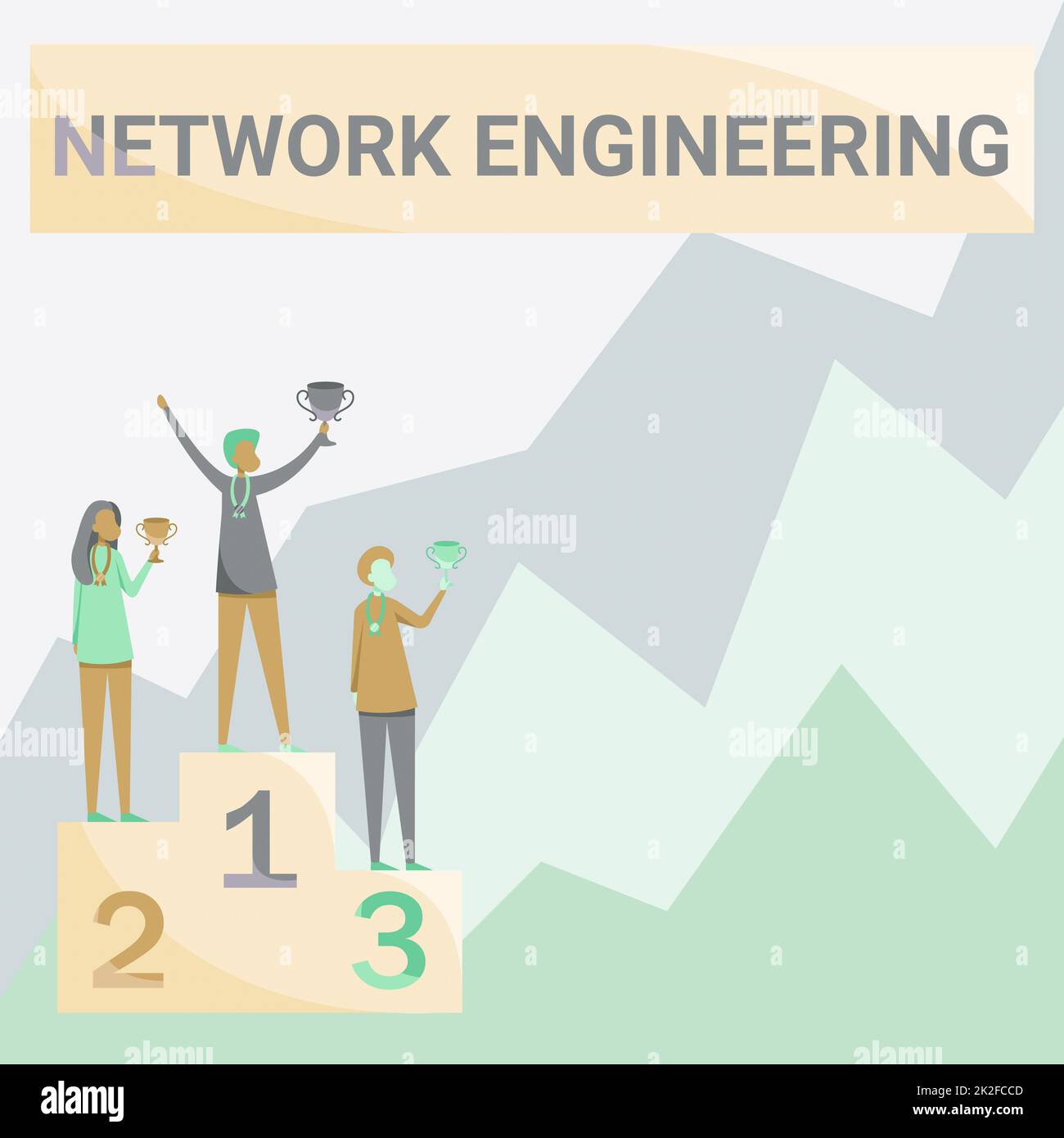 Handwriting text Network Engineering. Business approach field concerned with internetworking service requirement Three Competitors Standing On Podium Holding Trophies Celebrating Victory. Stock Photo