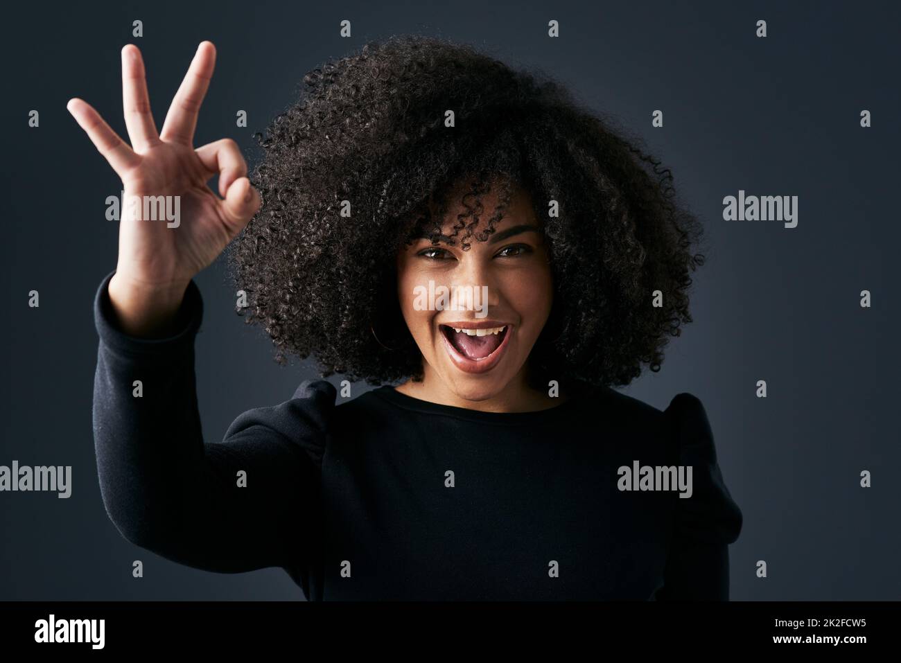 Being happy changes your world. Shot of a young businesswoman making hand gestures against a studio background. Stock Photo