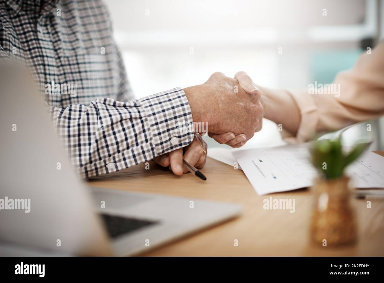 Theyve reached an agreement. Cropped shot of an unrecognizable senior couple shaking hands while working on their finances at home. Stock Photo