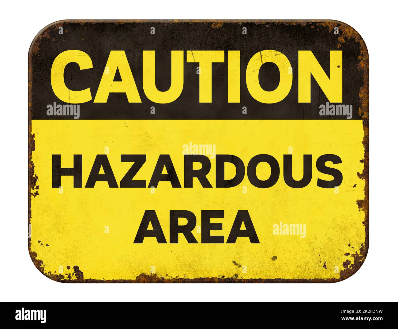 Vintage tin caution sign on a white background - Hazardous Area Stock Photo