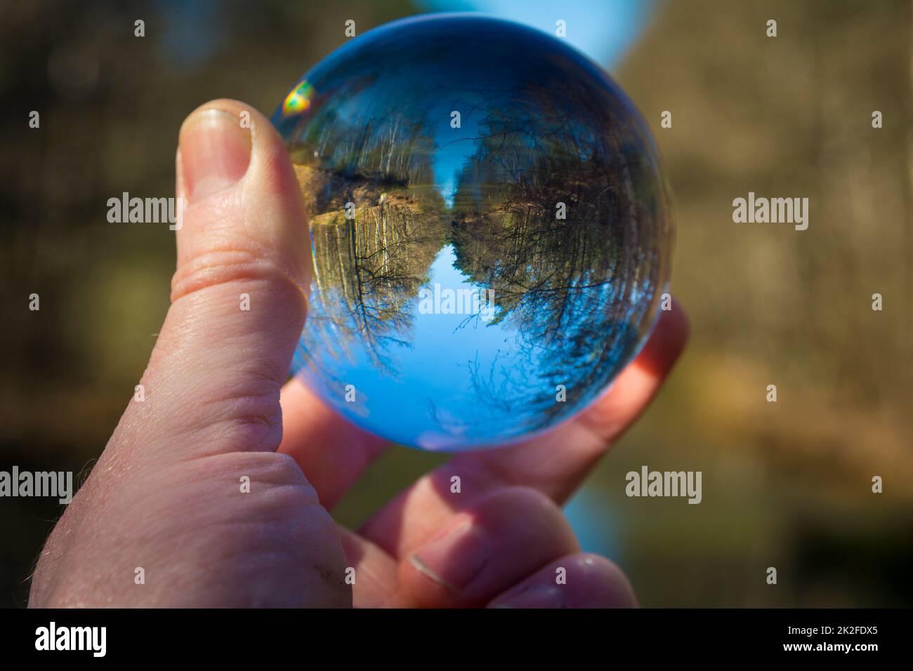 Hand holding glass ball with inverted nature and landscape image Stock Photo