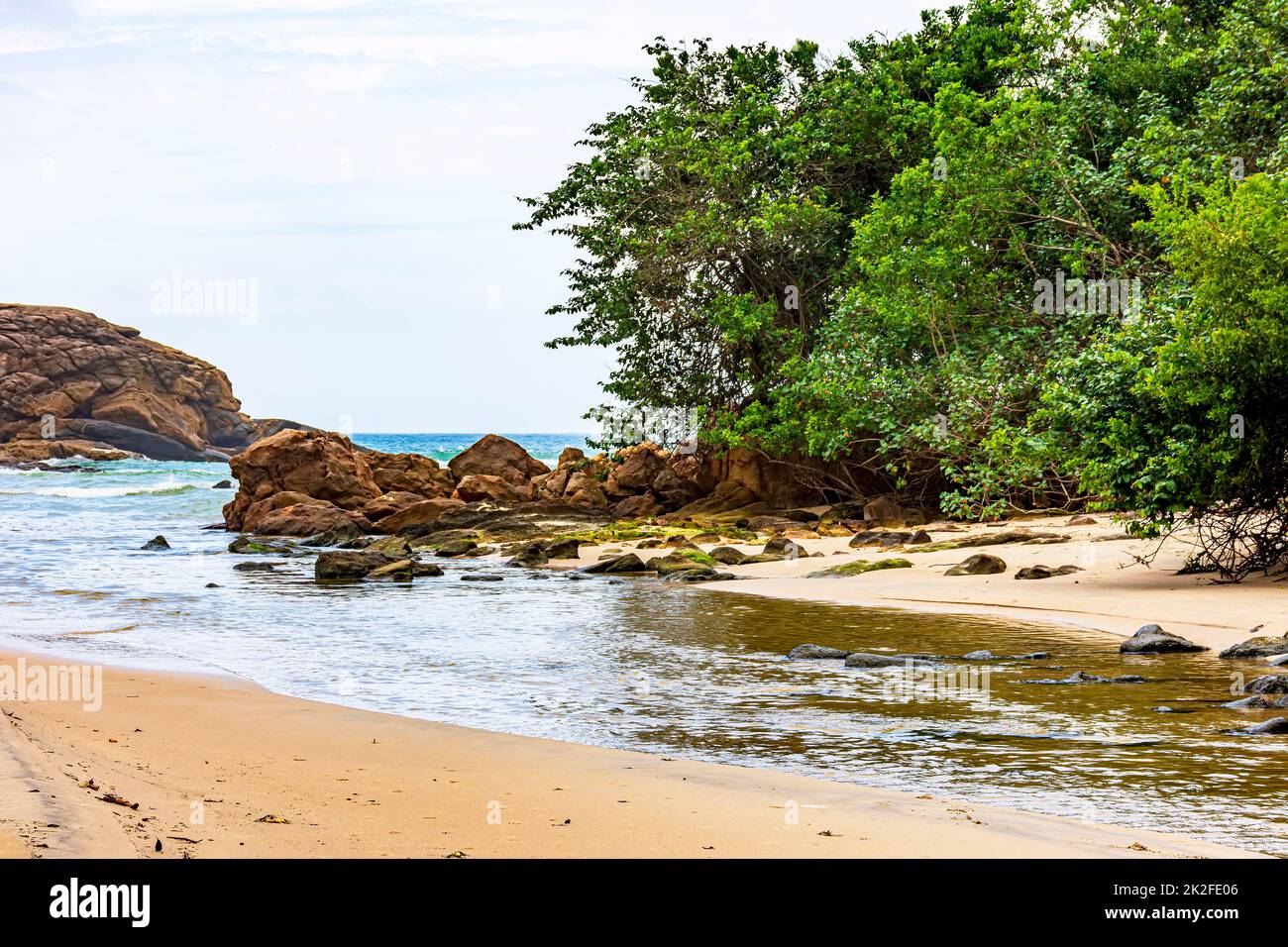 Deserted and unspoilt beach with the rainforest and the river reaching the sea Stock Photo