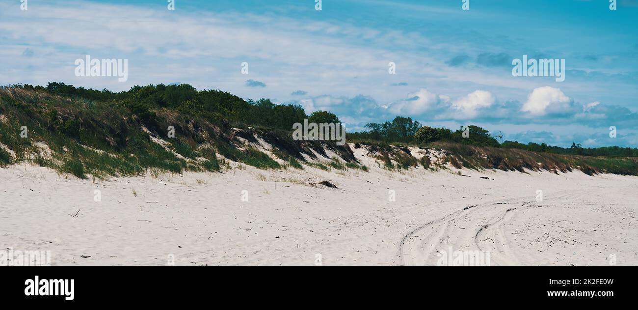 Dunes, overgrown with grass in places, car tracks on the sand. Blue sky with clouds Stock Photo