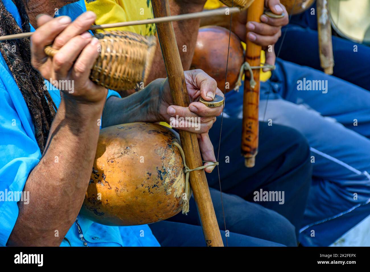 Traditional berimbau players during presentation of Brazilian capoeira ...