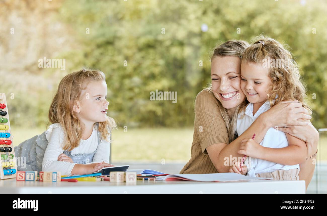 Mother hug girl for kindergarten learning, education and development in language and math on outdoor patio. Mom teaching kids at home and happy with Stock Photo