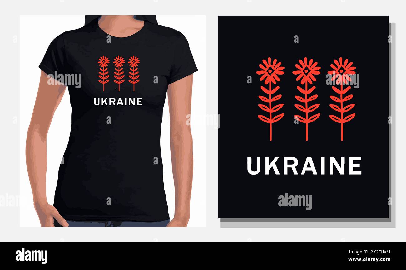 Print for t-shirt with Ukrainian symbols and the quotes Ukraine. Red abstract flowers on a black background. The concept of solidarity with Ukraine Stock Photo