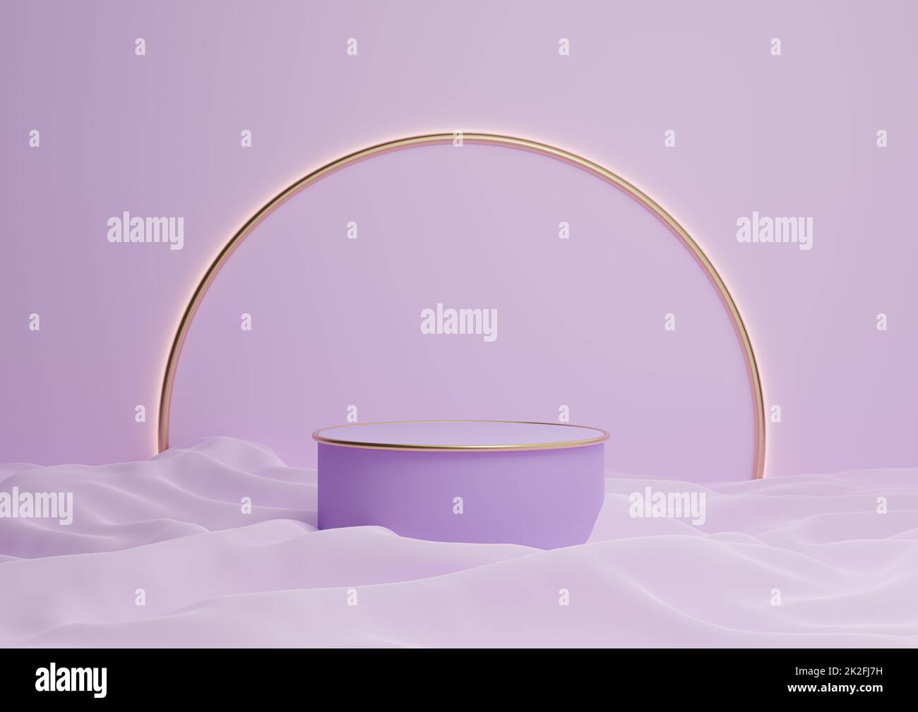 Light, pastel, lavender purple 3D rendering luxurious product display podium or stand minimal composition with golden arch line in background and light Stock Photo