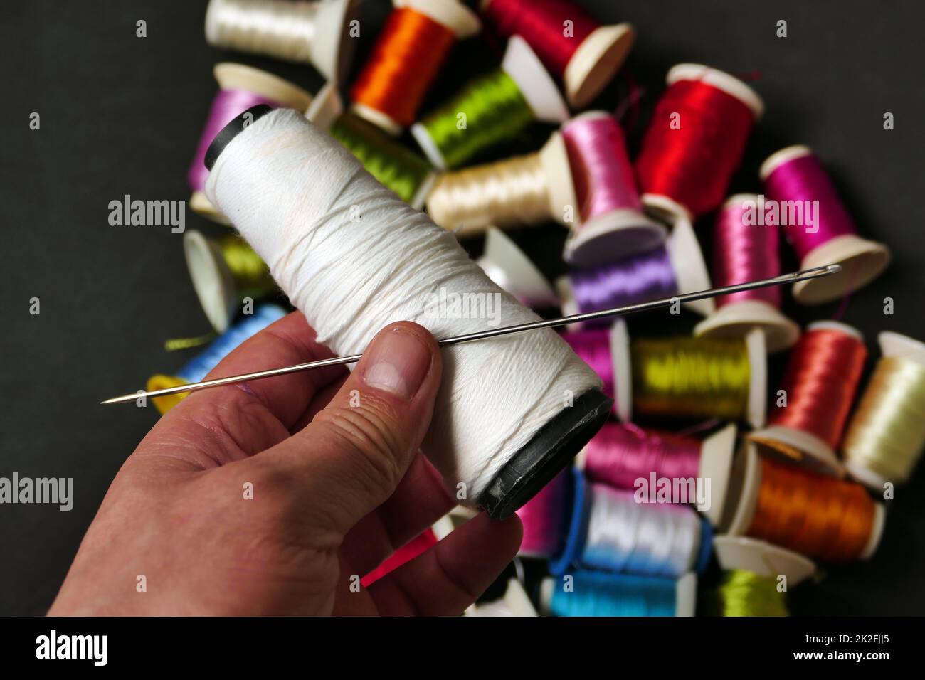 closeup of a tailor holding thick sewing thread and large needle,quilt