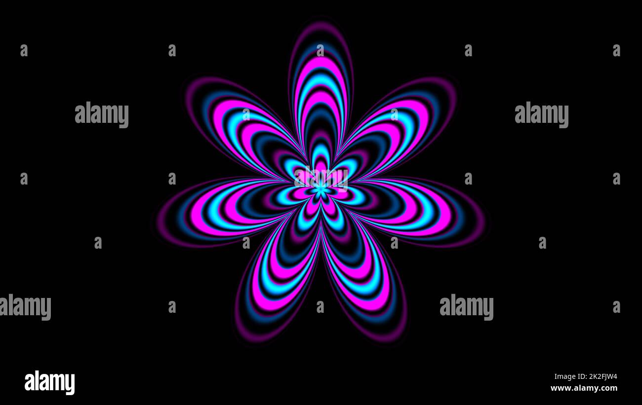 Illustration of Psychedelic flower shape over black Stock Photo