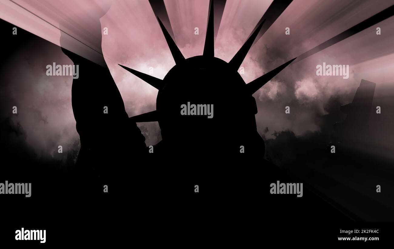 The Statue Of Liberty Of New York City Against Clouds and rays Stock