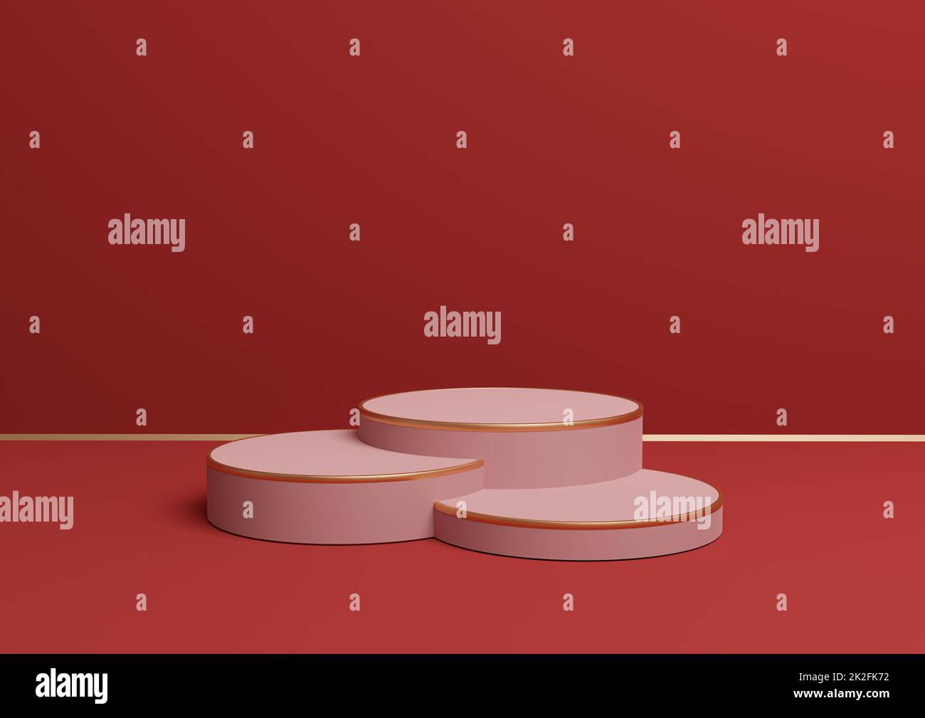 Bright maroon, dark red 3D rendering simple product display with three podiums or stand with golden line minimal background composition for luxurious products Stock Photo