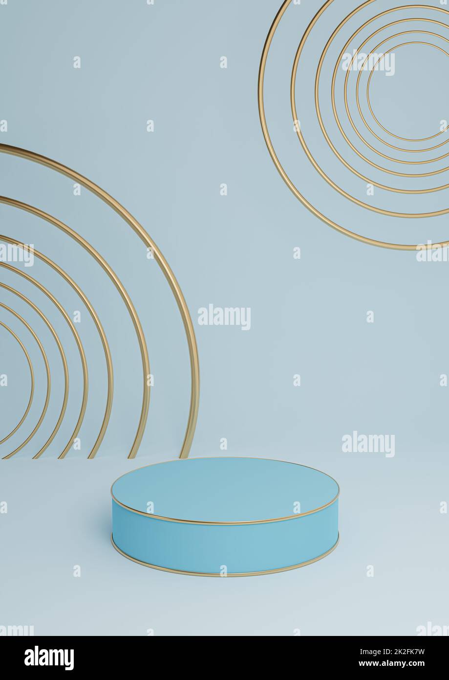 Light, pastel, baby blue 3D rendering minimal product display luxury cylinder podium or product background abstract composition with golden lines and circles Stock Photo