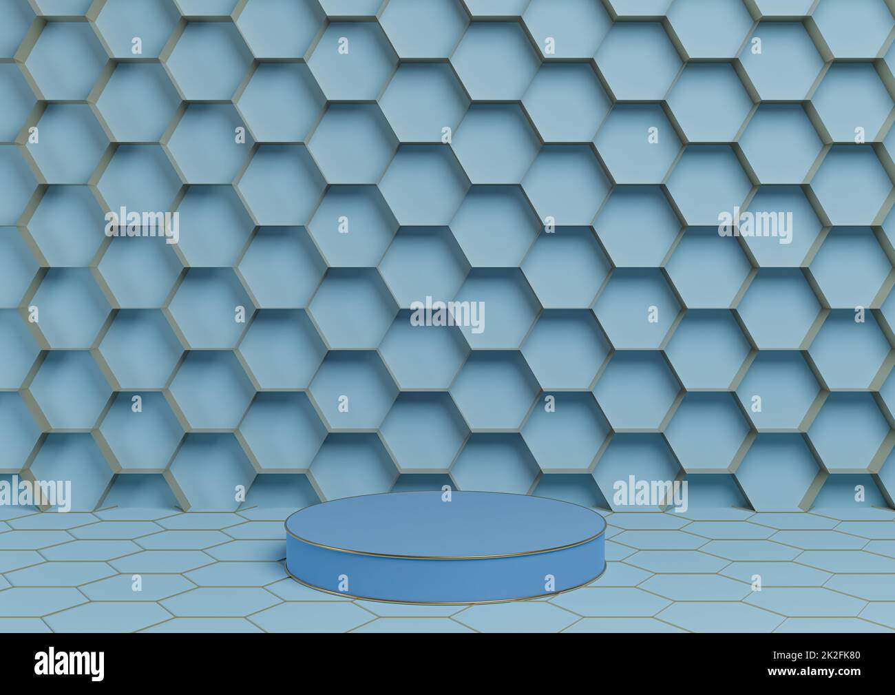 Bright, light sky blue 3D rendering product display podium luxurious golden honeycomb abstract background with cylinder stand minimal, simple template for nature luxury honey products Stock Photo