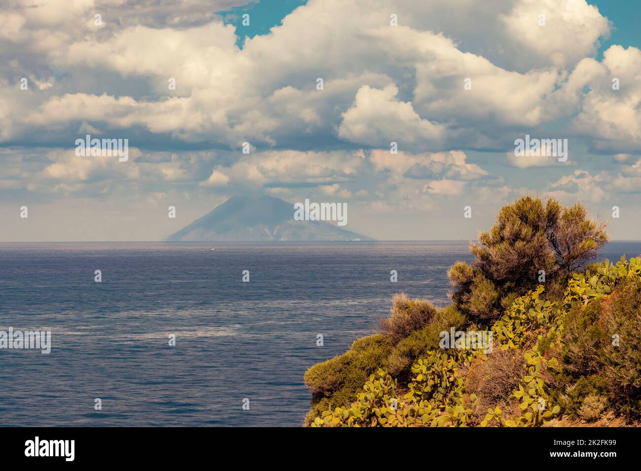 Rock cliff of cape Capo Vaticano with Aeolian Islands, Tyrrhenian Sea