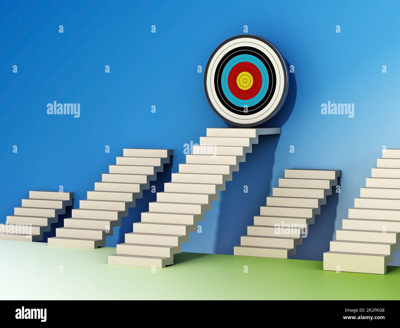 One ladder reaching the bullseye target among short ladders. 3D