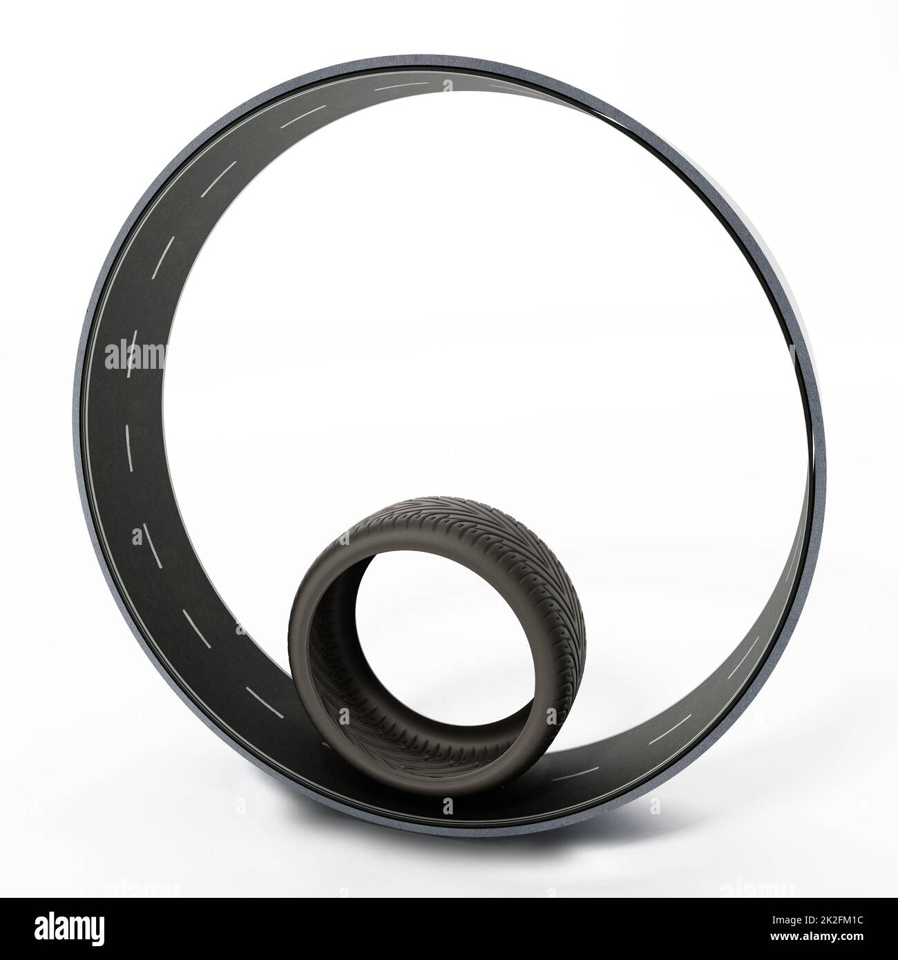 Spare new racing tyre inside circle shaped road. 3D illustration Stock Photo