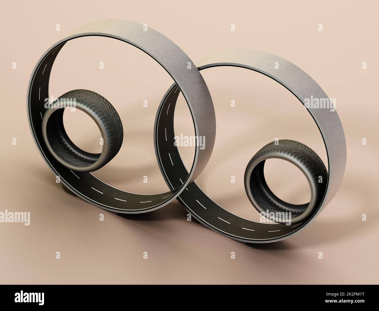 Spare new racing tyres inside circle shaped roads. 3D illustration Stock Photo
