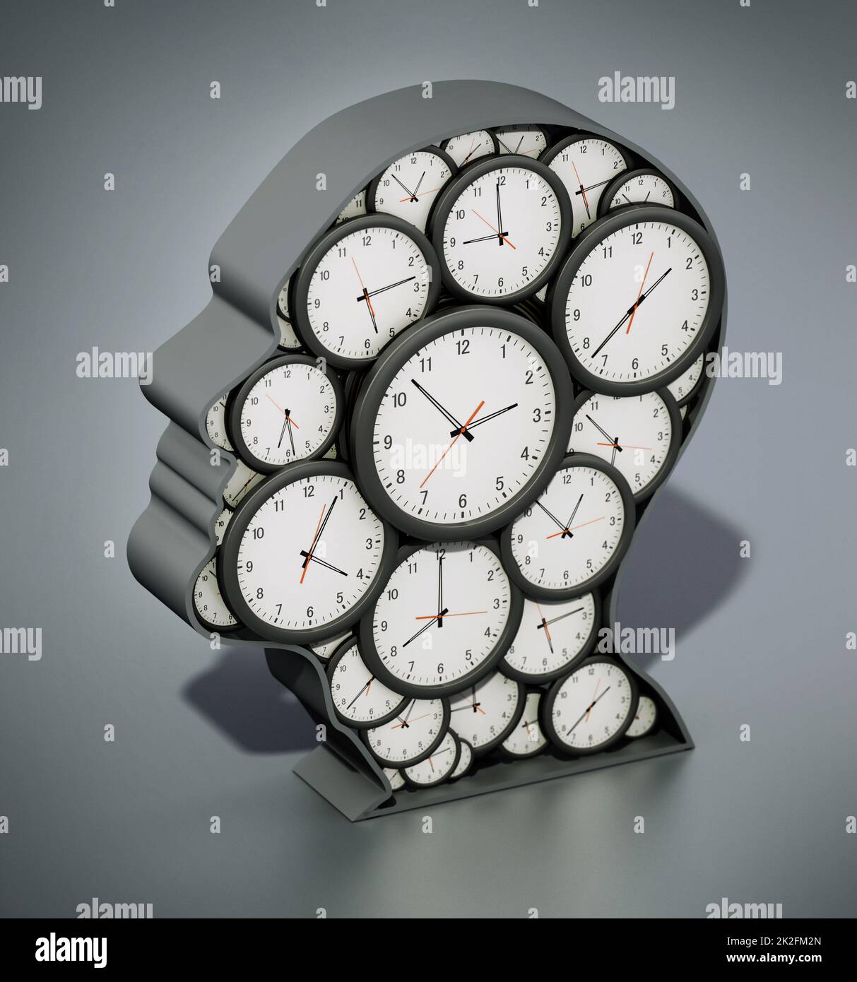 Group of clocks forming a head shape. 3D illustration Stock Photo