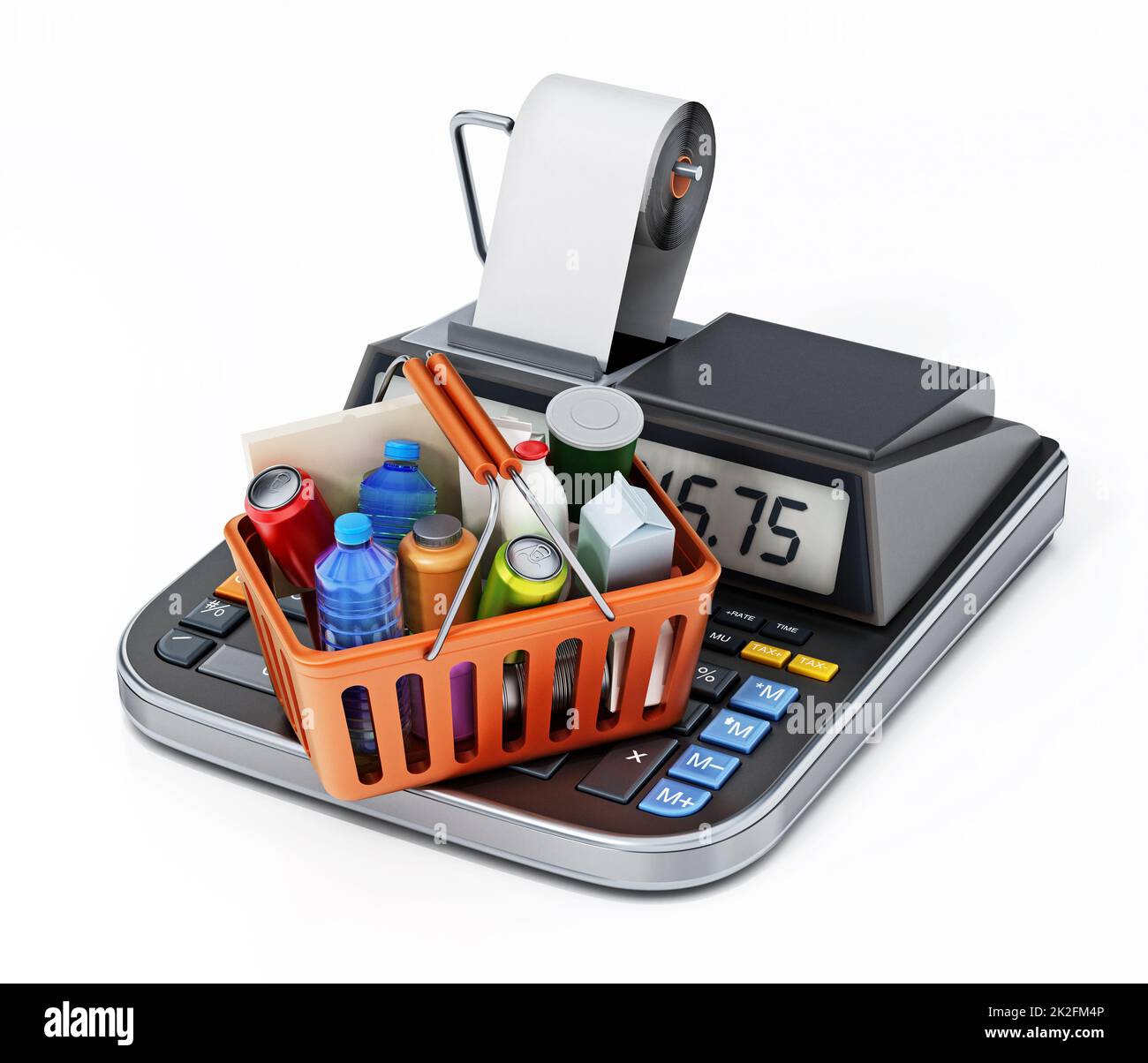 Shopping basket full of items standing on a calculator. 3D illustration Stock Photo Alamy