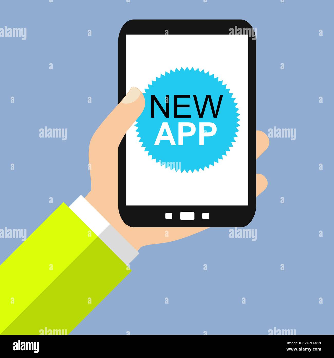 New App on Smartphone - Blue banner Stock Photo