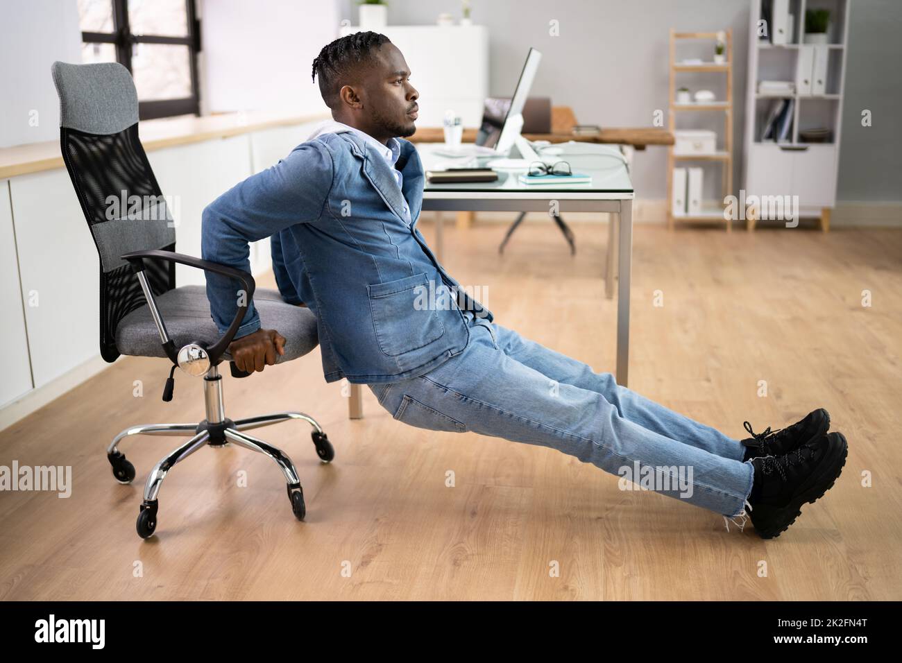 Triceps Dip Exercise Workout Using Office Chair Stock Photo Alamy