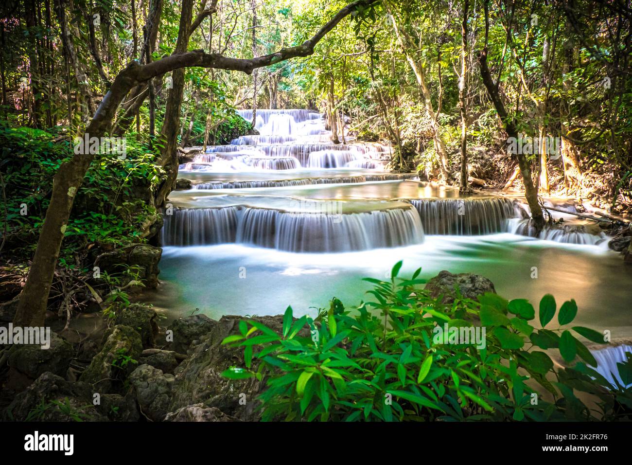 Huay Mae Khamin Waterfall in Srinakarin Dam National Park. Kanchanaburi Thailand. cascade waterfall tropical forest Stock Photo