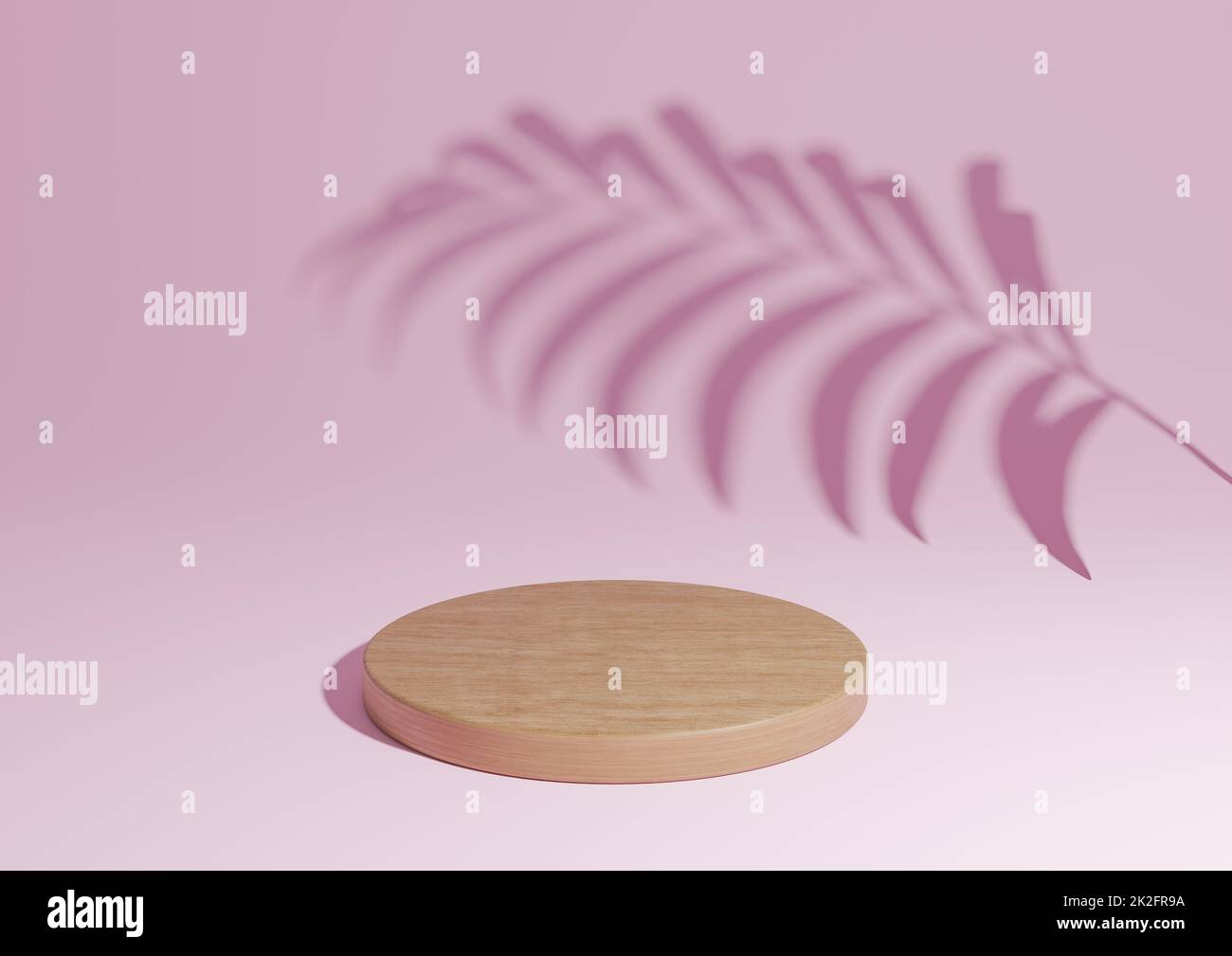 Light, pastel, lavender pink simple 3D render minimal natural product display composition with one wood podium or stand with palm leaf shadow in the background Stock Photo