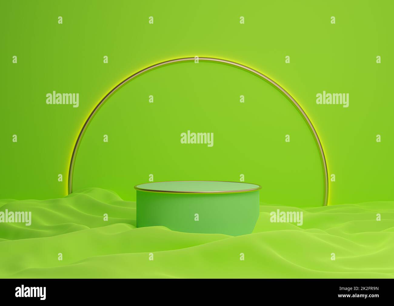 Bright, neon green 3D rendering luxurious product display podium or stand minimal composition with golden arch line in background and light Stock Photo
