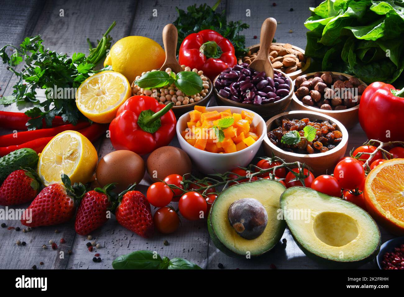 Assorted organic food products on the table Stock Photo - Alamy