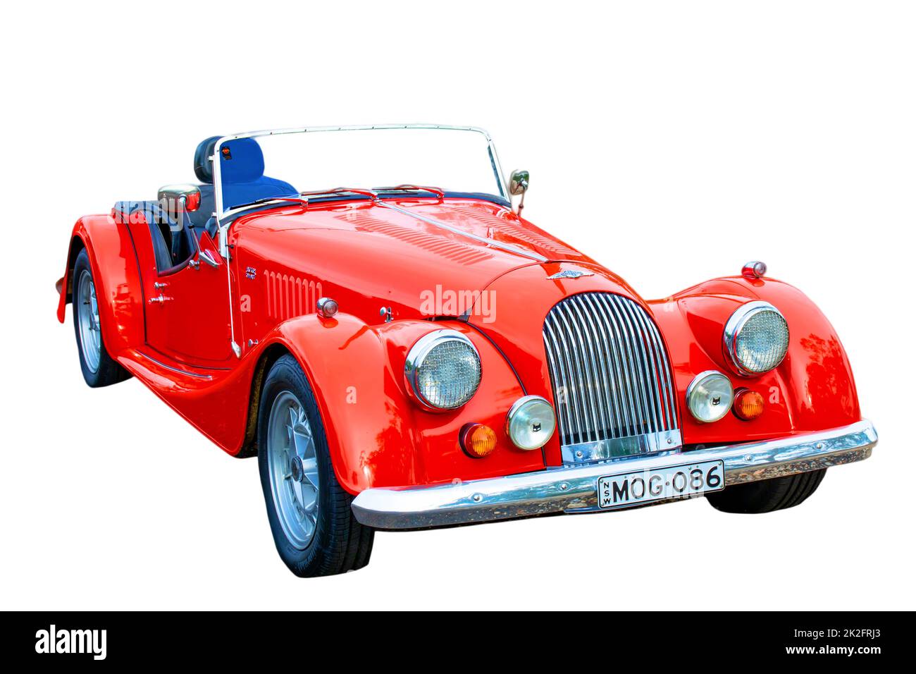 1986 Morgan Plus 8 red sports car isolated on a white background. Stock Photo