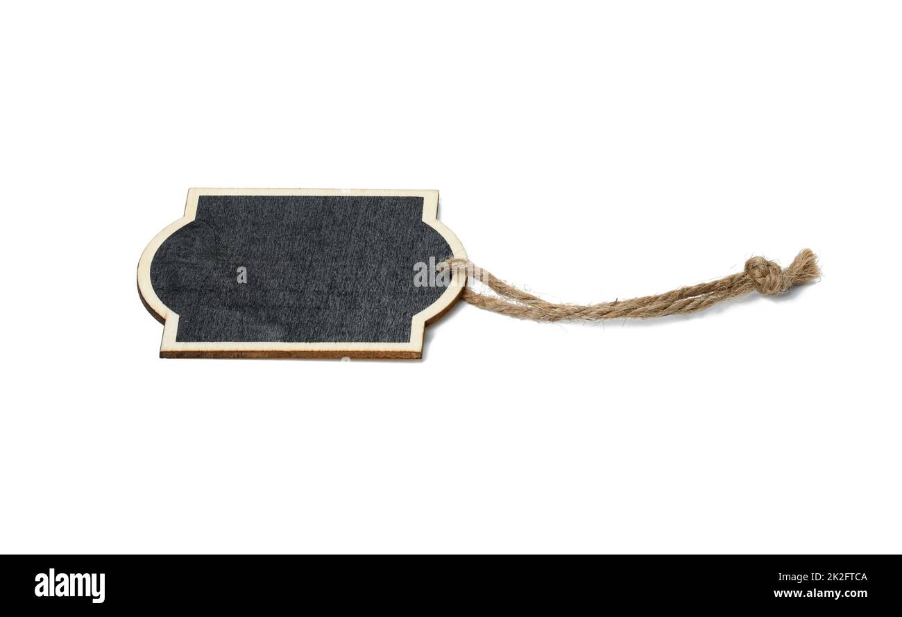 rectangular empty chalk plate on a brown rope. White isolated background Stock Photo