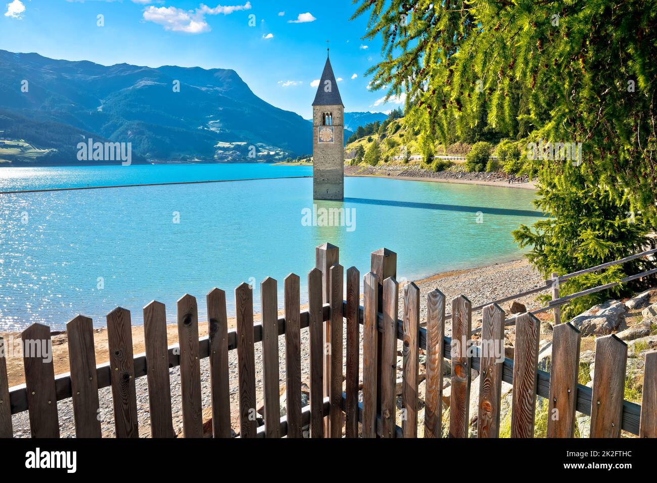 Submerged bell Tower of Curon Venosta or Graun im Vinschgau on Lake Reschen landscape view Stock Photo