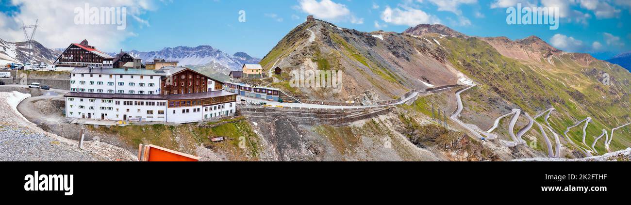 Stelvio mountain pass or Stilfser Joch scenic road serpentines panoramic view Stock Photo