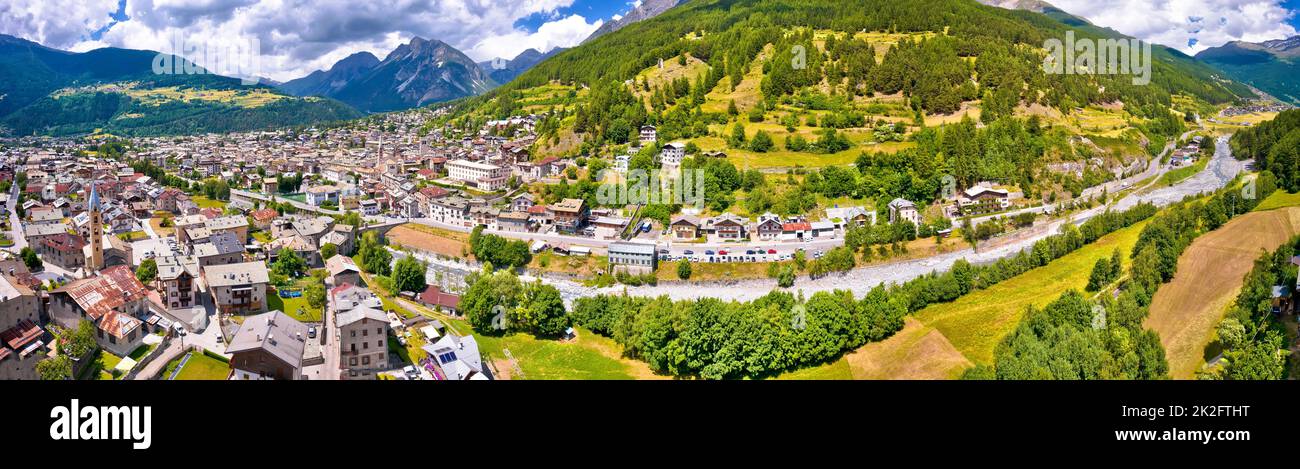 Idyllic Alpine landscape and town of Bormio panoramic view Stock Photo