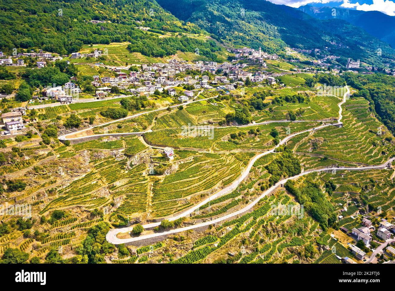 Village of Poggiridenti aerial view, Province of Sondrio Stock Photo
