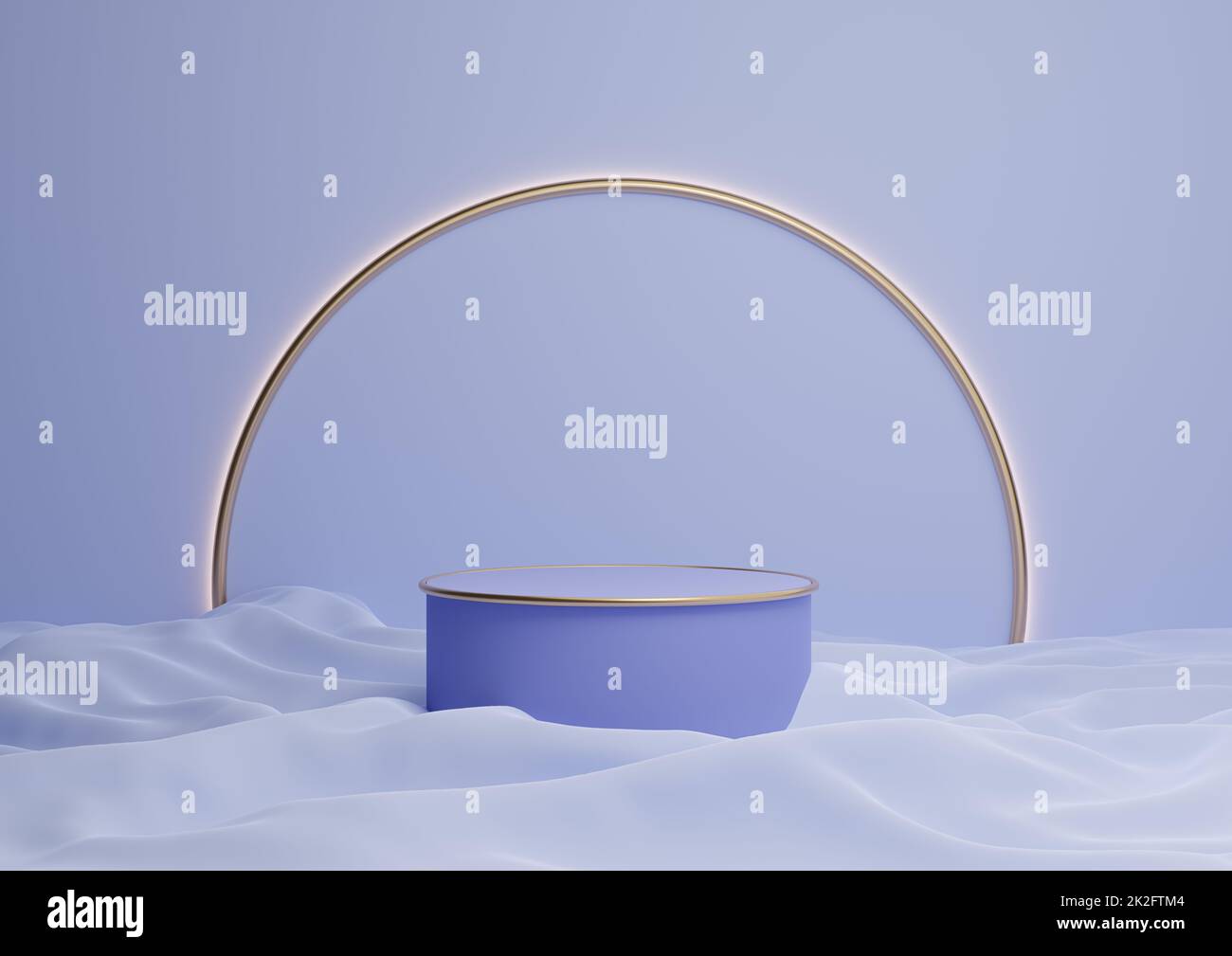 Light, pastel blue 3D rendering luxurious product display podium or stand minimal composition with golden arch line in background and light Stock Photo