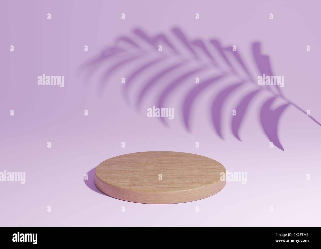 Light, pastel, lavender purple simple 3D render minimal natural product display composition with one wood podium or stand with palm leaf shadow in the background Stock Photo
